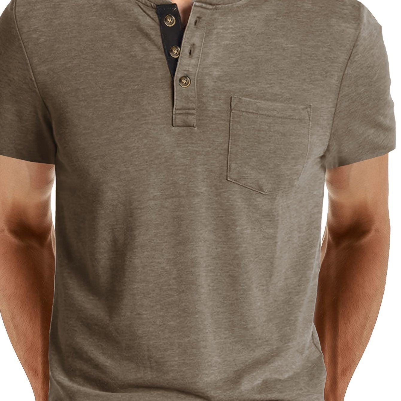 Men's Classic Blue Henley Shirt with Comfortable Fit, Casual Short Sleeve, Chest Pocket, Round Neck, Machine Washable - Ideal for Casual Attire.