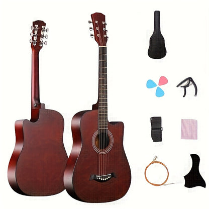 Beginner kit for a 96.52 cm acoustic guitar, featuring a basswood panel with matte finish, 18 frets, and includes bag, picks, strings, and strap.