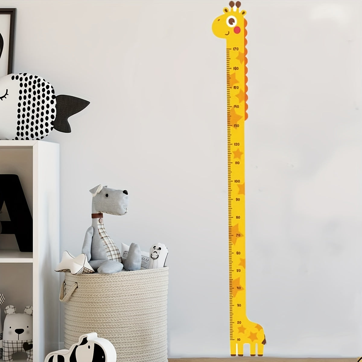 Cute yellow giraffe height chart sticker with colorful tail. Easy to peel and stick. Ideal for kids' rooms or classrooms.