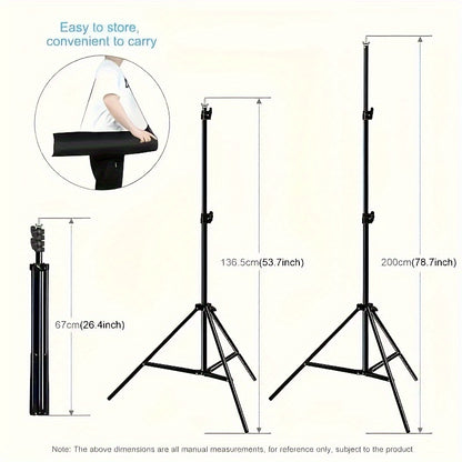 Adjustable, durable, and portable photography backdrop stand with 1pc 7x7ft or 7x10ft size, includes 2pcs spring clamps, 2pcs plastic clamps, and carrying bag. Stable design for portrait