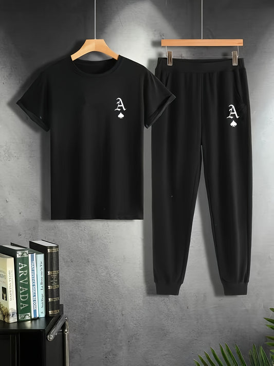 Men's summer casual pajama set with solid color polyester crew neck short sleeve t-shirt and joggers made of 95% polyester and 5% spandex.