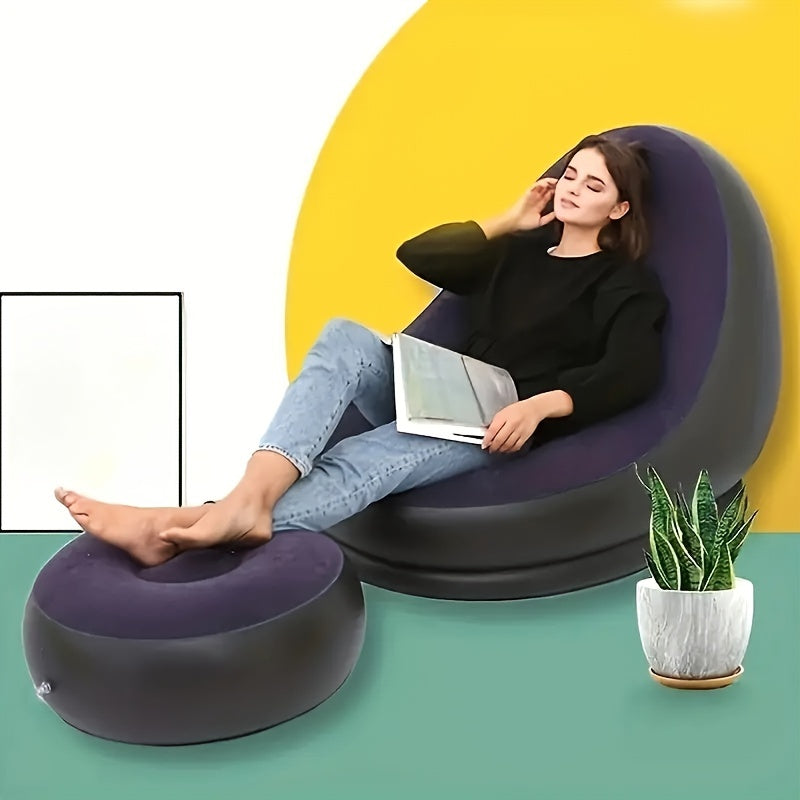 The Inflatable Lazy Sofa Chair with Footrest is a portable and foldable outdoor lounger made of comfortable velvet fabric. It is easy to clean and can be used for various purposes. No assembly is required, and it includes an inflation pump. It is