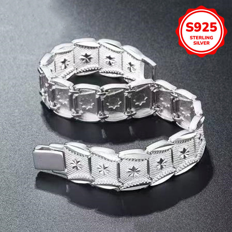 Sophisticated Men's S925 Sterling Silver Wide Bracelet featuring a European Coin Design, 12mm in size. Hypoallergenic and suitable for both daily wear and special occasions, this bracelet exudes a retro and French-inspired style. Perfect gift for