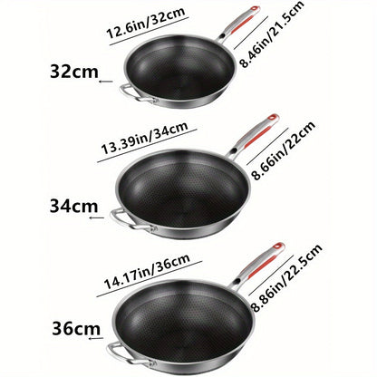 Stainless Steel Frying Pan with Lid and Handle - Perfect for Induction Cooker, Gas Stove, and Camping - Non-Stick Pan for Cooking Fish, Eggs, and Steak - Available in 32cm, 34cm, and 36cm Sizes