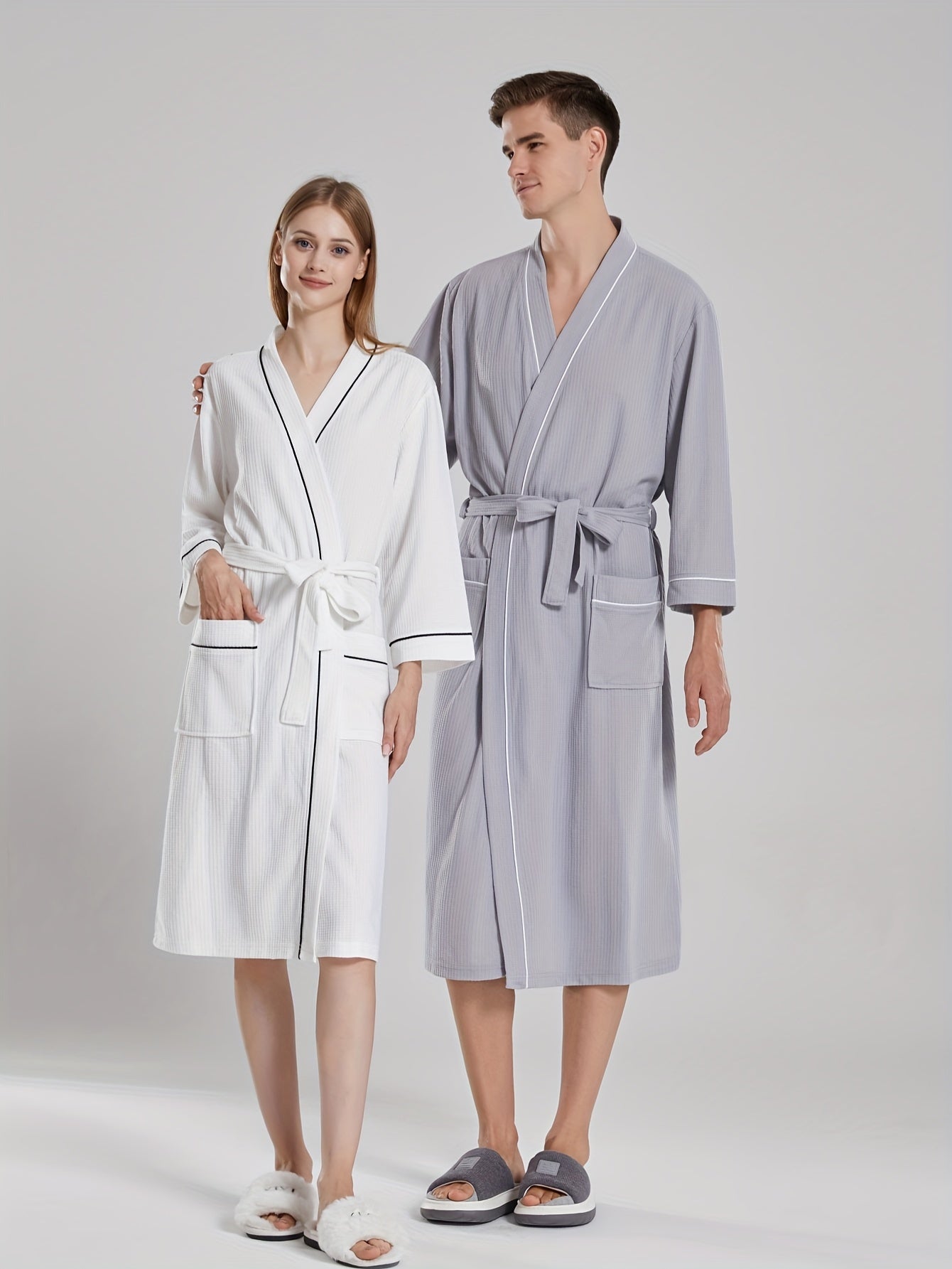 Unisex Japanese-style bathrobe with waffle weave, pockets, and belt for all-season comfort.