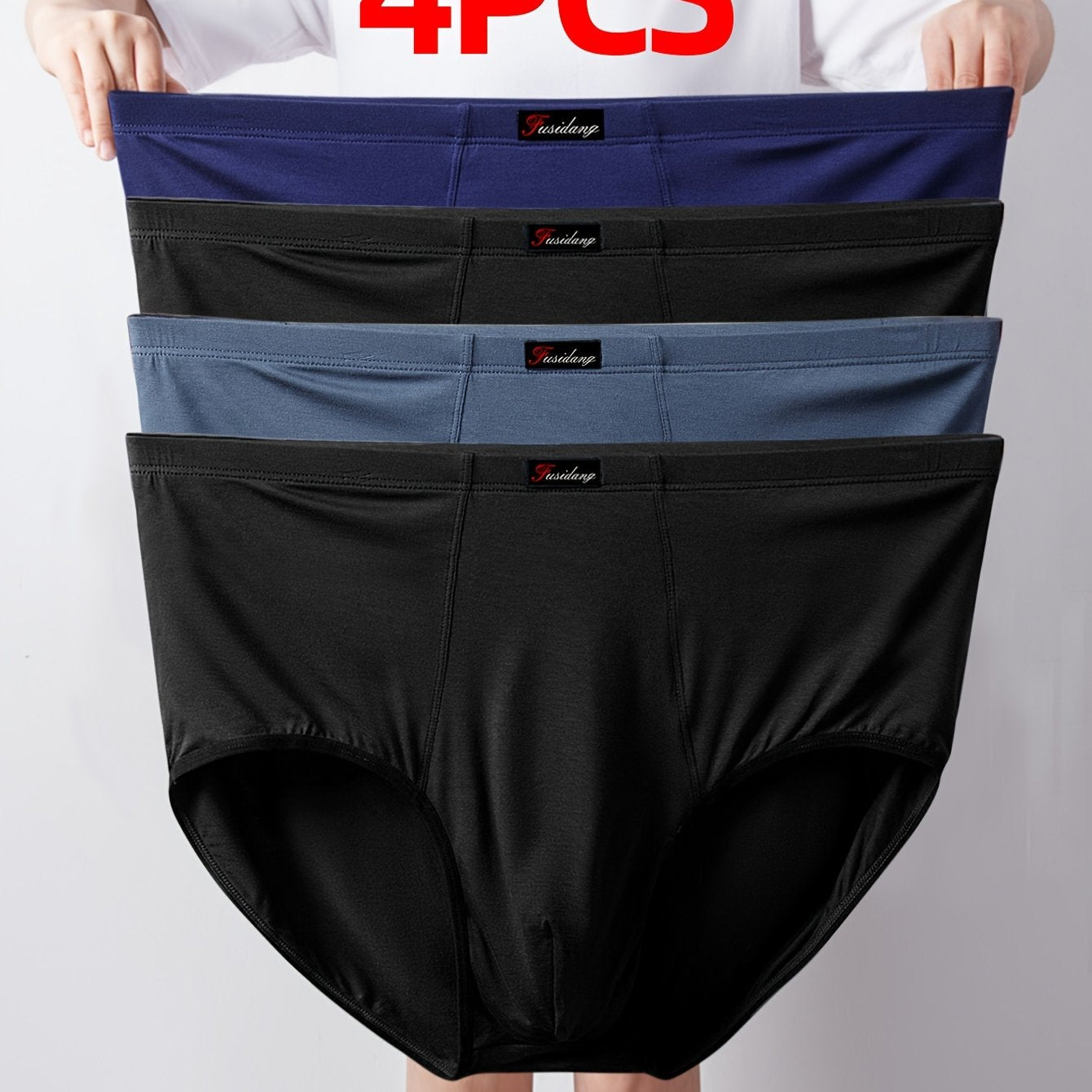 4 fusidang Men's High-Waist Modal Underwear in Navy, Black, Light Blue, and Dark Gray - Plus Size, Stretchy Briefs for Big & Tall, Machine Washable.