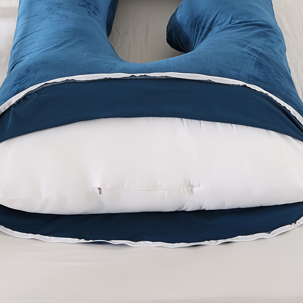 Crystal velvet J-shaped pregnancy pillow that doubles as a nursing, nap, and side sleeping pillow. Provides belly and lumbar support for pregnant women.