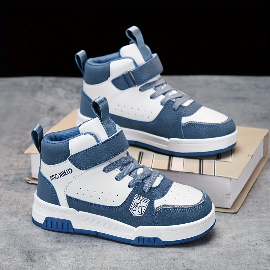 Comfy high-top sneakers for kids with secure closure, ideal for cold weather casual outfits.