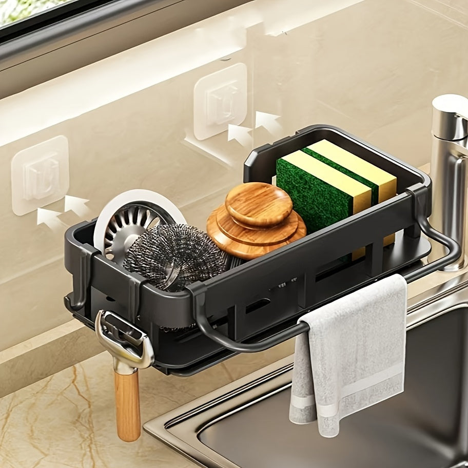 Space-saving kitchen and bathroom sink organizer with towel rack available - Made of durable plastic and metal. This multi-functional wall-mounted storage solution is perfect for sponges, soap, and cleaning tools. Includes drainage slots and under sink