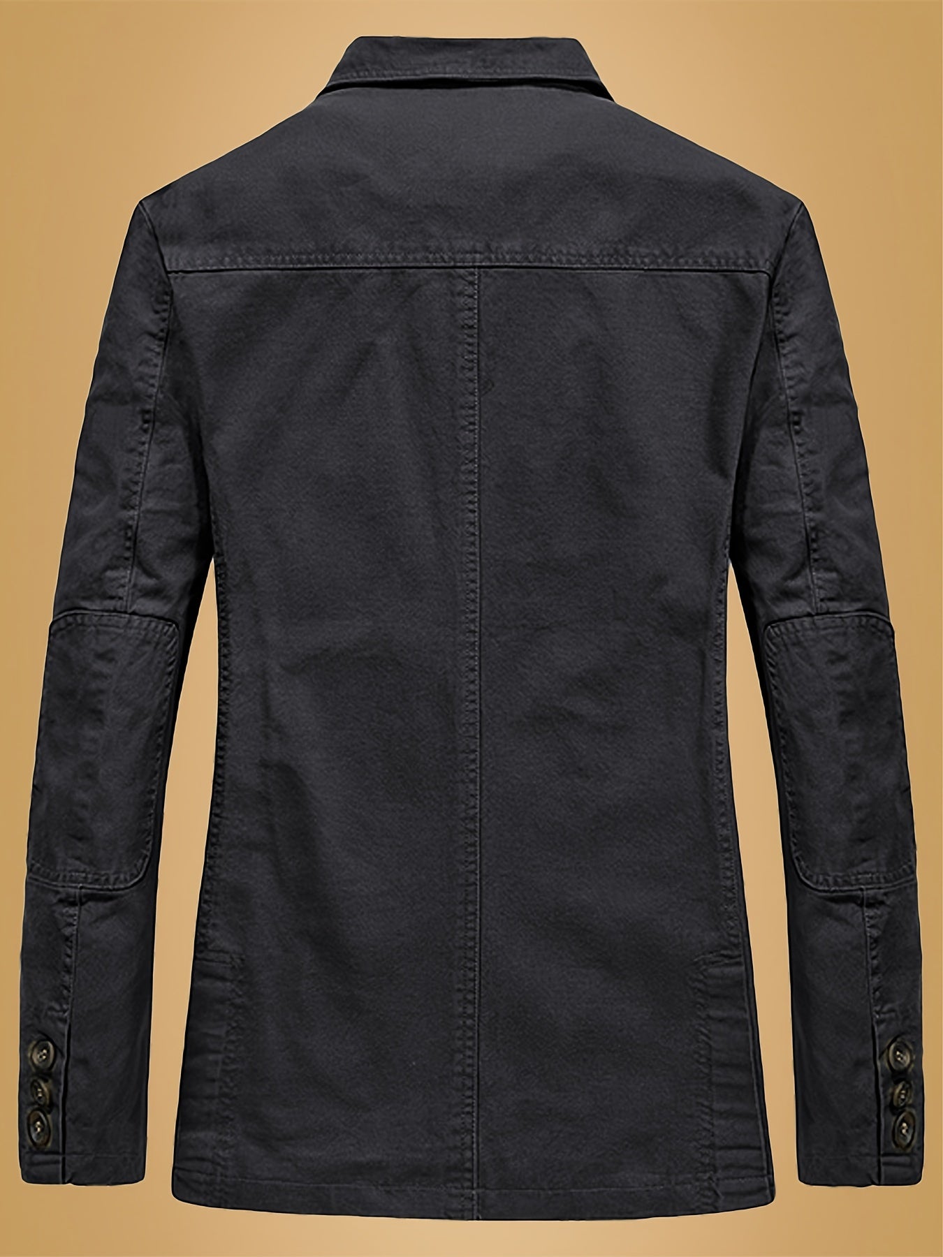 Men's casual cotton jacket with mature style, solid color, single-breasted design, notched lapel, underarm ventilation, button closure, pockets, and regular fit.