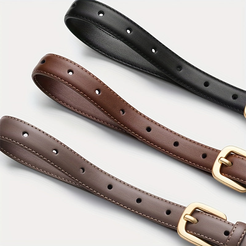 Women's faux leather black belt with pin buckle for jeans, from a luxury brand, chic and stylish waistband for ladies.