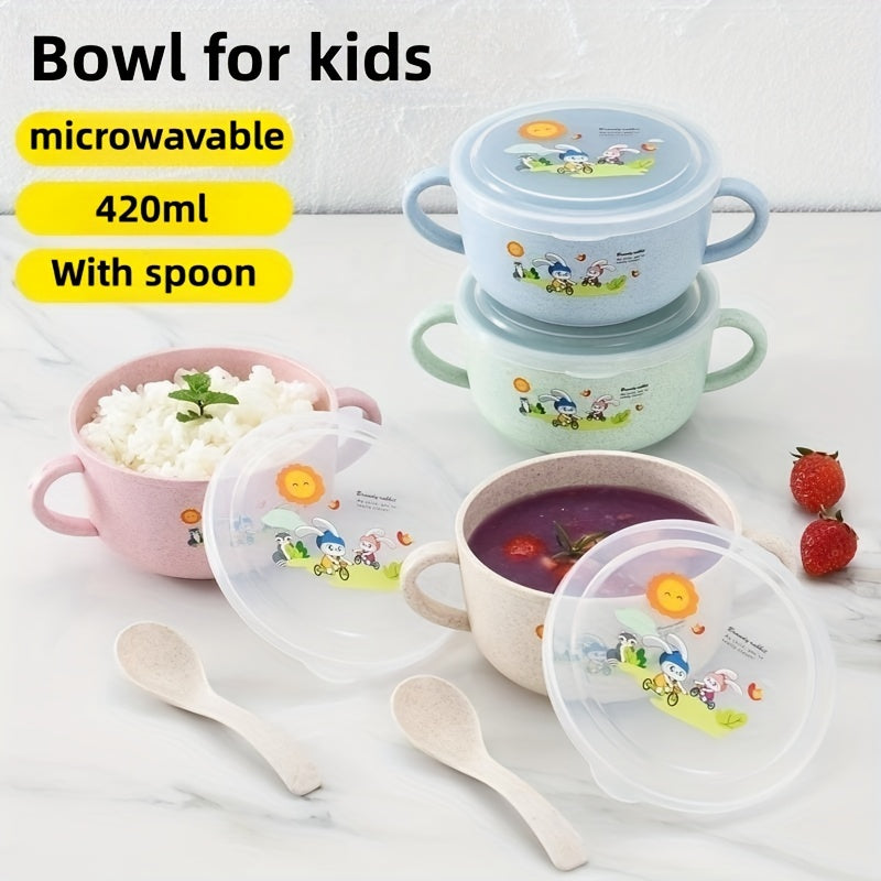 Cartoon-themed bowl with cutlery, insulated to prevent spills, featuring double handles and a lid. This versatile eating bowl is microwavable and perfect for serving fruits or snacks.