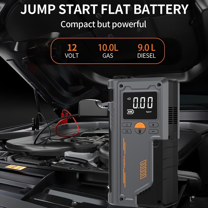 8000mAh Jump Starter Pack with 5-in-1 Charger, Inflator, Compressor, Charger, Flashlight - Portable for Gasoline and Diesel Vehicles, Includes Adapters.