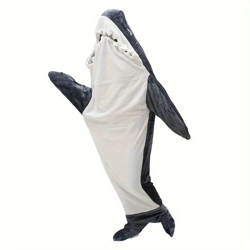 Soft and warm shark-shaped plush fleece sleeping bag, perfect for autumn and winter comfort. This cozy flannel throw blanket is great for couch, sofa, bed, and travel. Comes in gray/white, providing ultimate comfort and style.