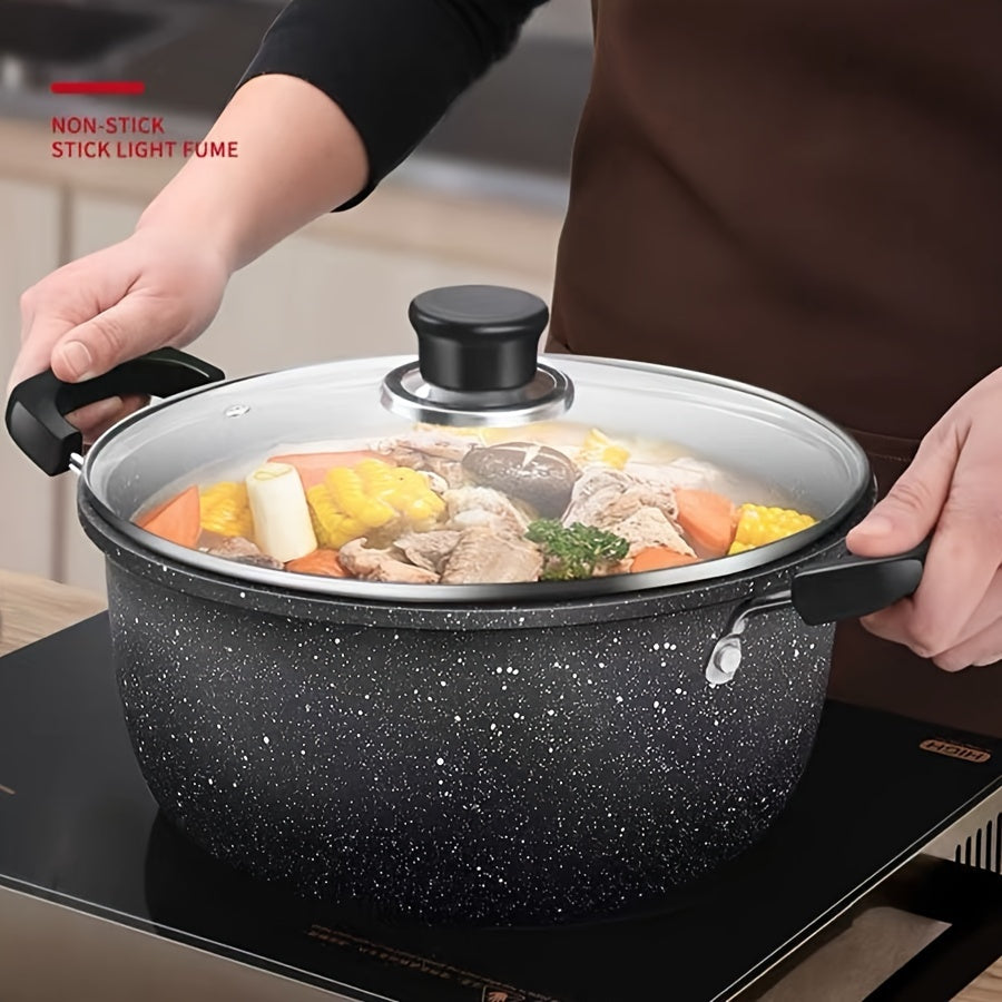 Large capacity, dual-handled cast iron soup pot with versatile non-stick coating, great for stewing and frying. Comes with lid, lid style may vary.