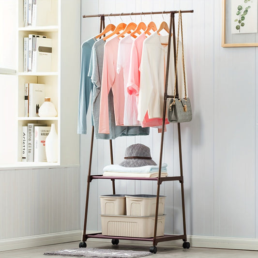 Versatile Metal Clothing Rack with Triangular Wheeled Stand, Portable Multi-Layer Organizer for Hanging Clothes and Coats, Ideal for Home, Kitchen, and Closet Organization.