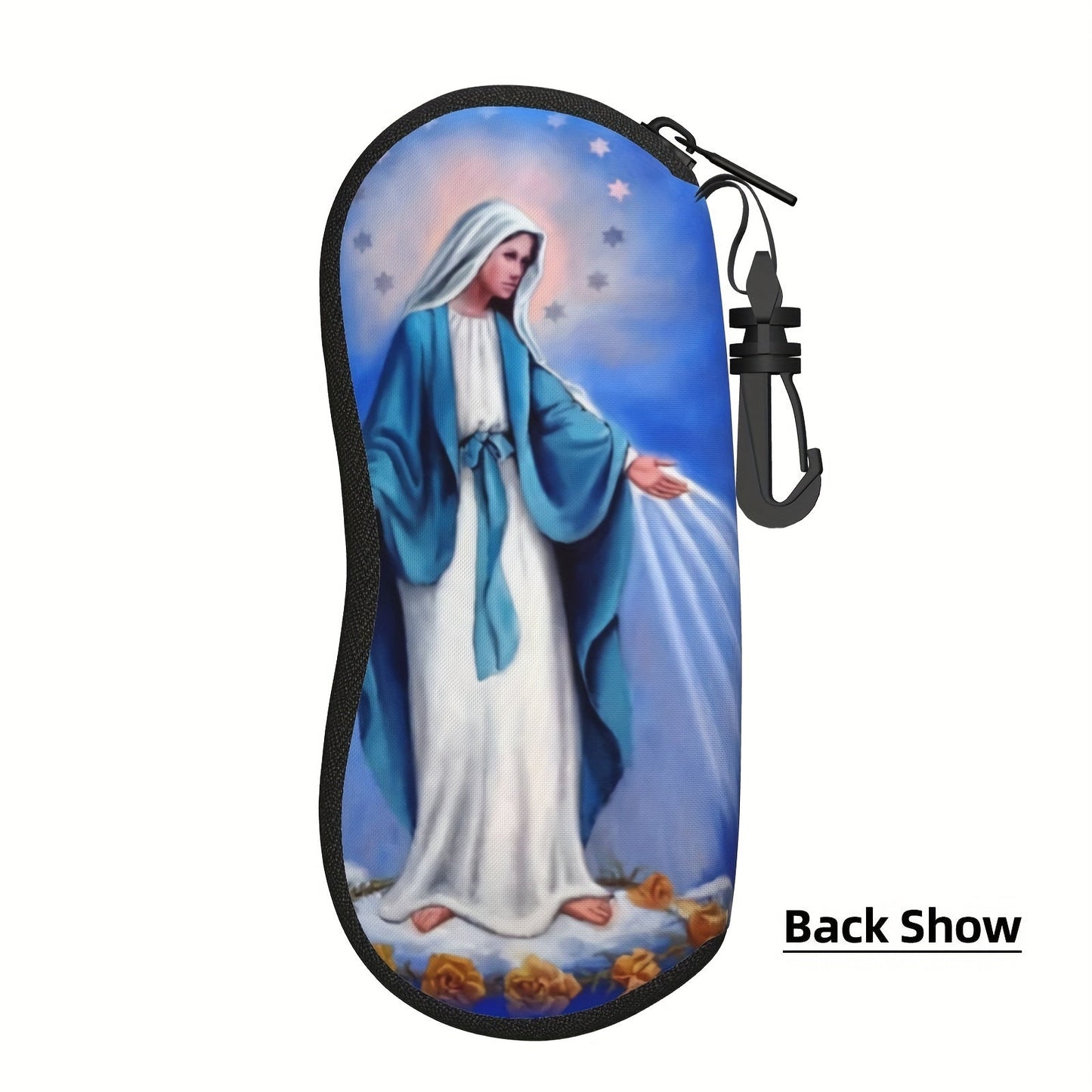 Virgin Mary Our Lady of Fatima Print Eyeglass Case with Keychain, Waterproof Sunglass & Reading Glasses Pouch, Neoprene Soft Accessory, Lightweight and Unisex - 1 Pack