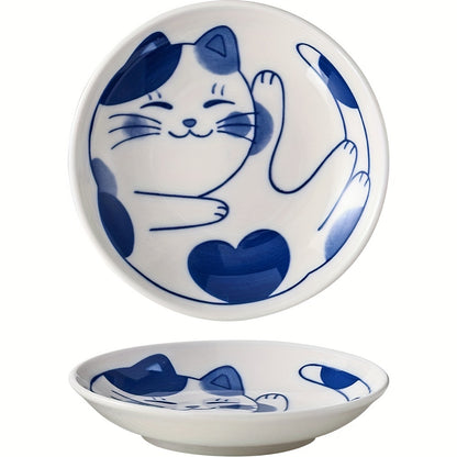 4 Japanese ceramic dessert plates and sauce dishes with a cute cartoon Lucky Cat pattern, suitable for home kitchens, restaurants, and hotels.