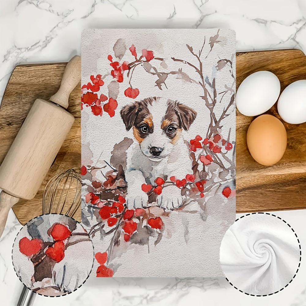 Set of 2 Ultra Soft Kitchen Towels featuring Cute Valentine's Puppy & Red Berries Design, with High Absorbency for Drying Dishes. Machine Washable, Modern Style, 40.64x60.96 cm - Ideal for Holiday Decor and Kitchen Use