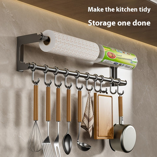 Wall-Mounted Stainless Steel Kitchen Organizer with Tissue Holder, Hook Rack for Utensils and Accessories Storage