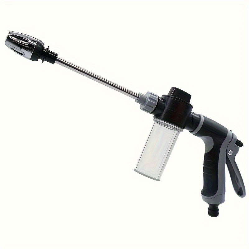 Enhanced car wash gun with versatile features for effective cleaning and watering, made of durable plastic and copper-plated materials.