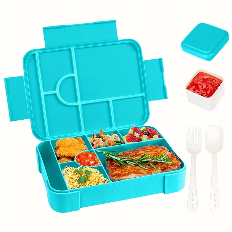 Leak-proof Bento Lunch Box with 7 Compartments - Perfect for Students and Adults on the Go! Includes Food Container, Cutlery Set, and Holds 1330ml. Suitable for School, Office, Outings, Microwave, and Dishwasher Safe.