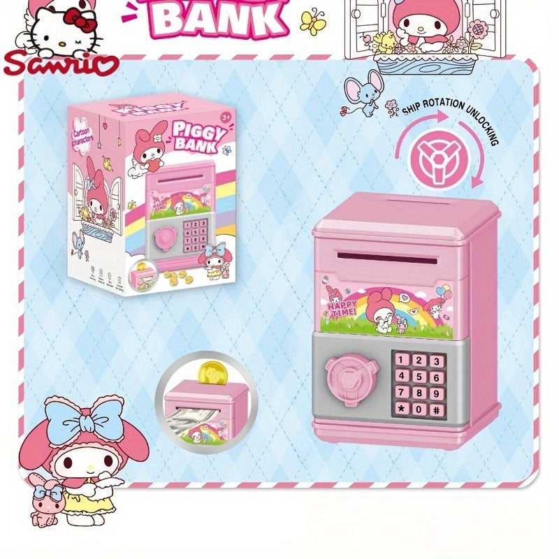 The Sanrio Mini Password Coin Bank is a high-value jar for coins and banknotes, featuring a cute cartoon design of Curly Melody with an educational self-aware password lock.