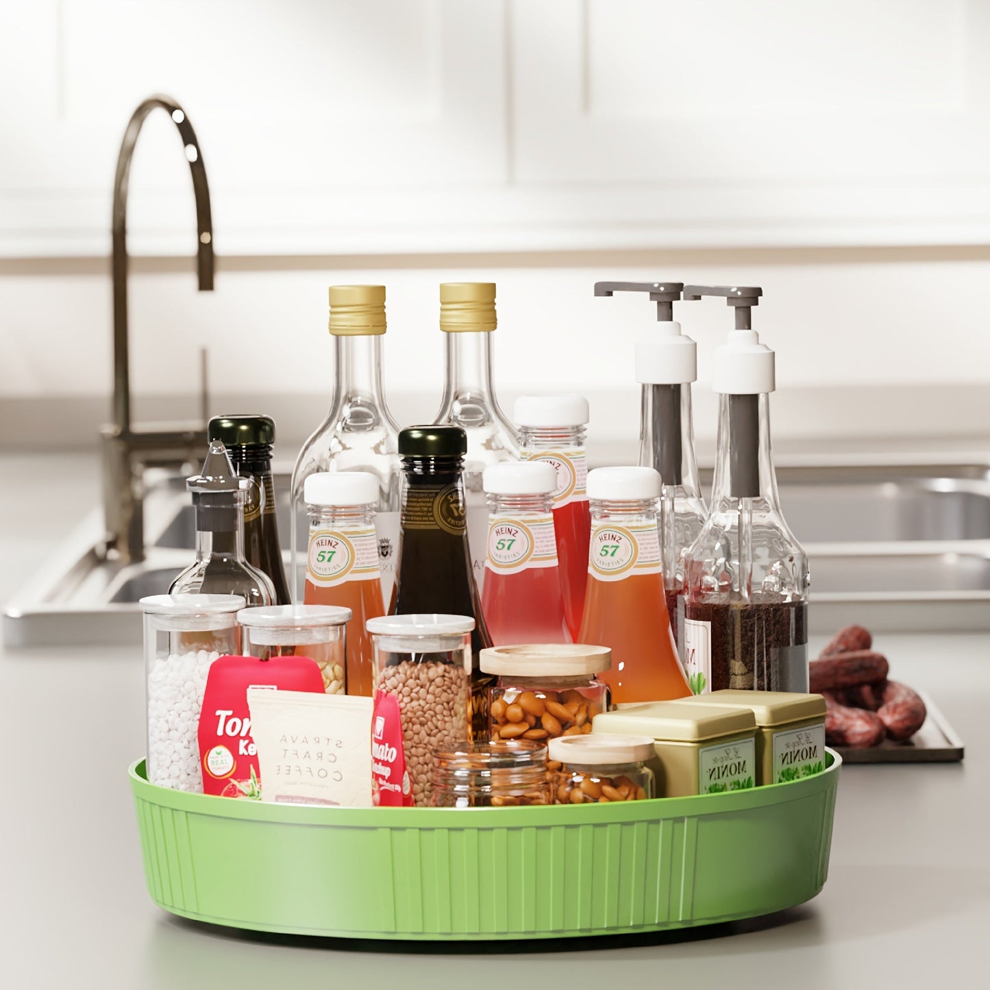 360° Rotating Kitchen Organizer Tray in White - Versatile Storage for Spices, Condiments, and Cosmetics - Perfect for Countertops and Pantry Organization, Convenient Tray for Kitchen Counter