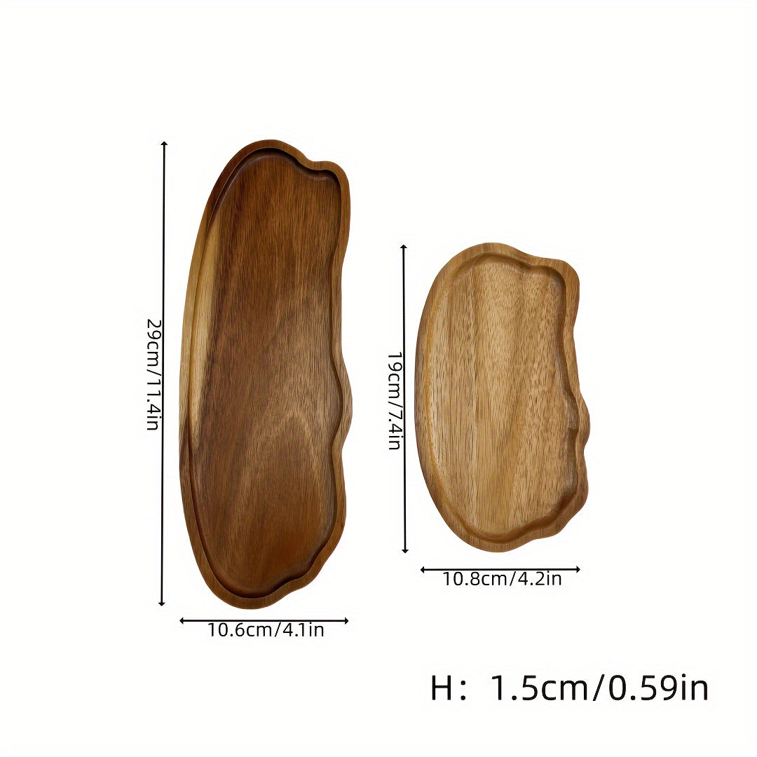 Acacia wood serving tray with smooth polished surface, irregular shape. Ideal for cheese, bread, fruits, and vegetables. Perfect for kitchen, restaurant, café, weddings, and holiday decor. Unique shape and wooden texture.