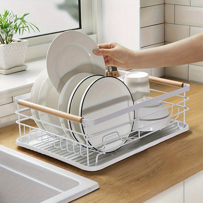 LDQ Single-Tier Dish Rack with Removable Cutlery Holder, Drip Tray, Wooden Handle, White, Large Capacity, Rustproof, Kitchen Counter Organizer