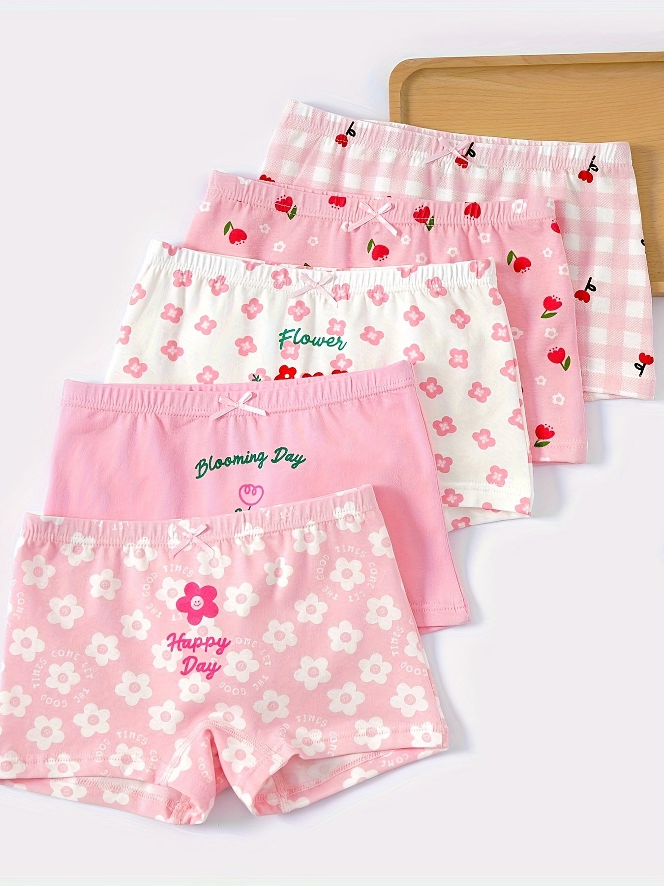 Girls' 5-pack Cotton Boxer Briefs with Floral & Cartoon Patterns, Medium Stretch Knit Fabric, All-Season Comfort Fit, Fake Drawstring Detail