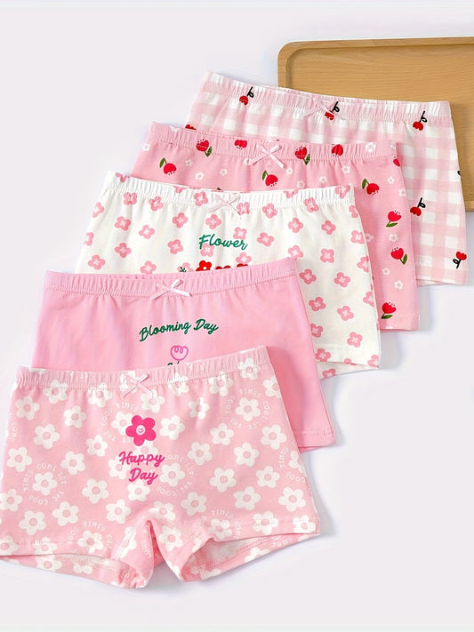 Girls' 5-pack Cotton Boxer Briefs with Floral & Cartoon Patterns, Medium Stretch Knit Fabric, All-Season Comfort Fit, Fake Drawstring Detail