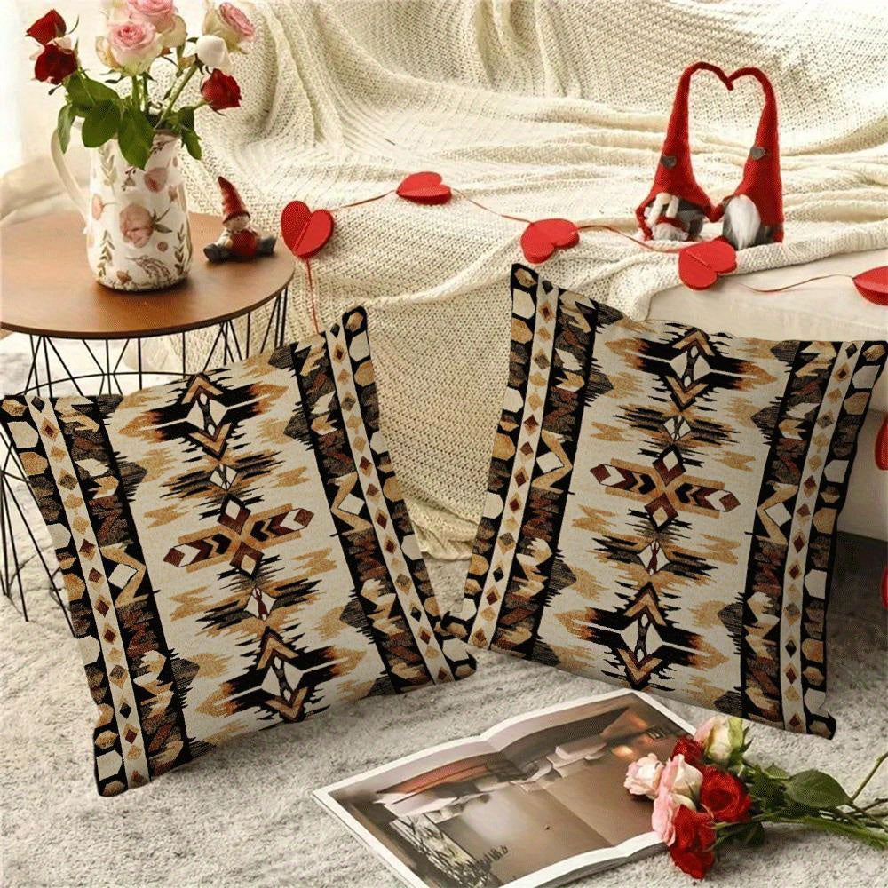 Set of 2 Stylish Native American-Inspired Antique Flannel Pillow Covers, 45.72x45.72 cm, Cozy Short Plush Cushion Cases with Zipper Closure, Easy to Clean in Washing Machine, Versatile All-Season Decorative Pillowcases for Couch, Bed, Car - Perfect for