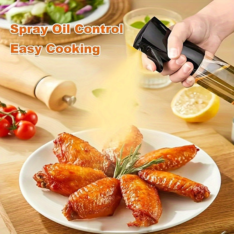 Basic push-type atomizer oil spray bottle for household use, ideal for spraying edible oils in the kitchen. Large capacity plastic container with no-drip design.