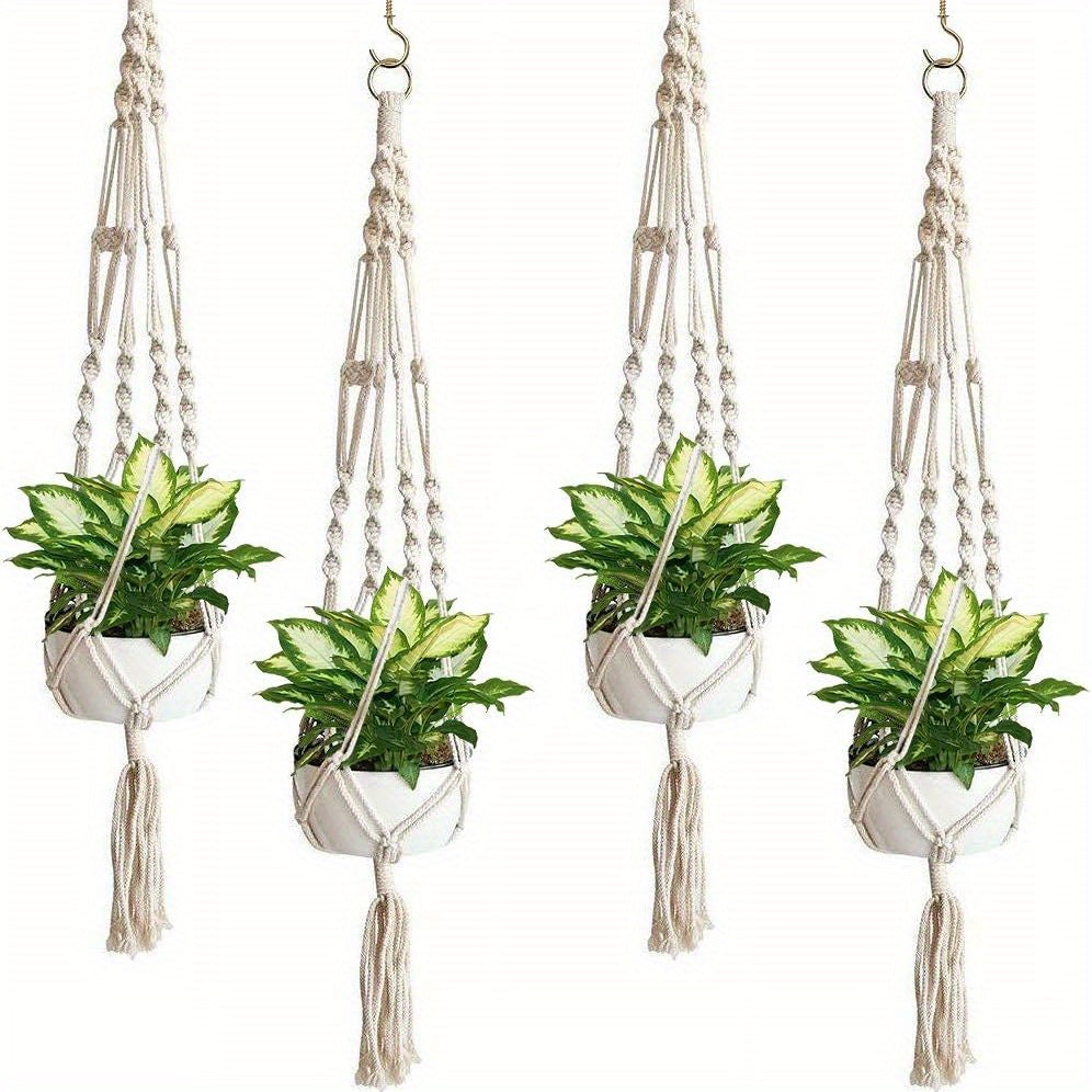 4-piece indoor/outdoor hanging planter rope rack, boho decorative woven basket, plant flower pot organizer, home garden decor storage.