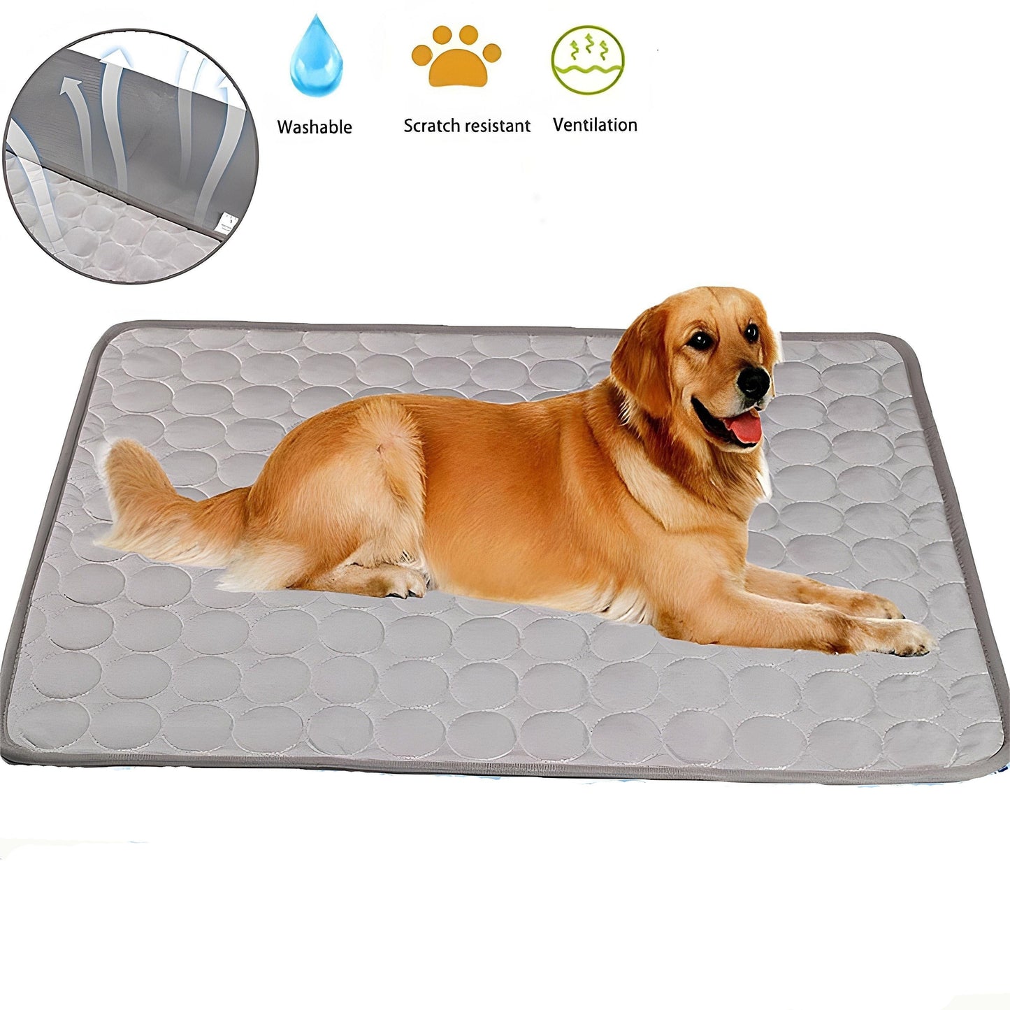 XL cooling pet mat for dogs & cats with non-slip, washable, scratch-resistant features. The gray mat with white zigzag pattern is waterproof and made of polyester to keep pets cool all