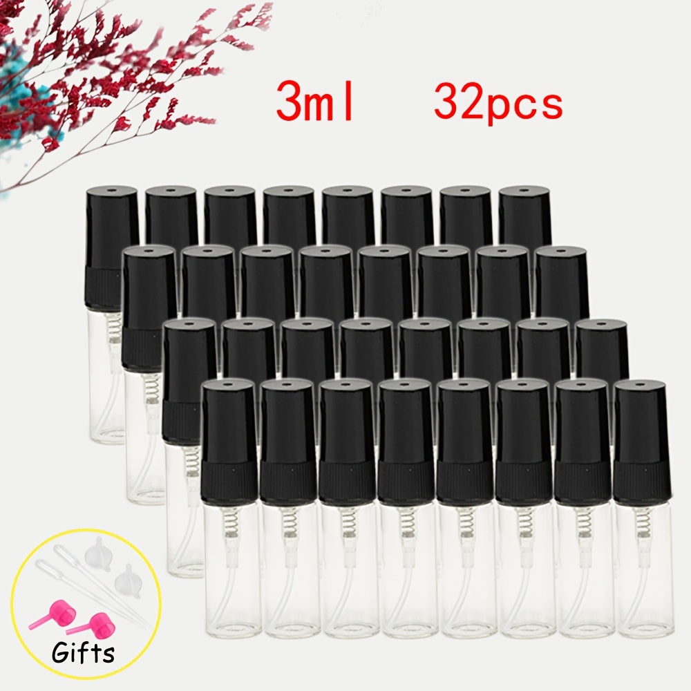 56 transparent glass perfume bottles with refillable spray nozzles in various sizes, ideal for travel and moisturizing.