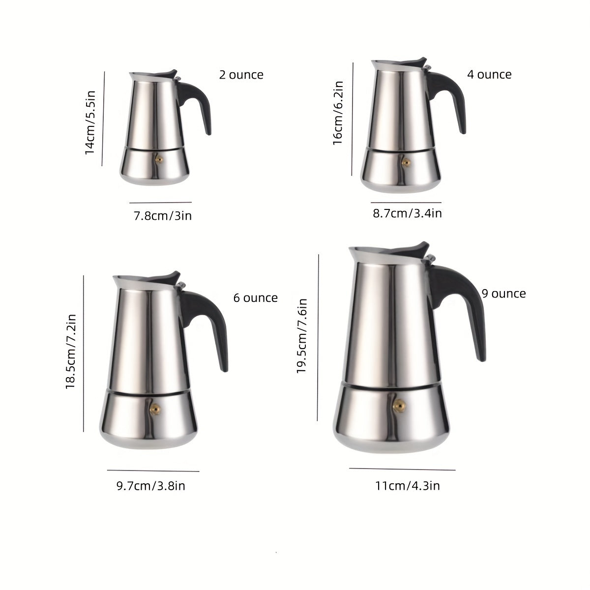 Durable Stainless Steel Moka Pot Espresso Maker for 2 Servings, Traditional Manual Coffee Brewer for Rich Coffee and Lattes, Stovetop Design for Non-Electric Operation.