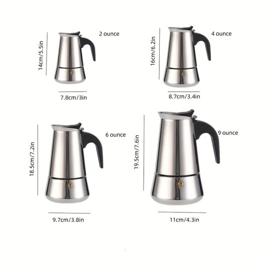 Durable Stainless Steel Moka Pot Espresso Maker for 2 Servings, Traditional Manual Coffee Brewer for Rich Coffee and Lattes, Stovetop Design for Non-Electric Operation.