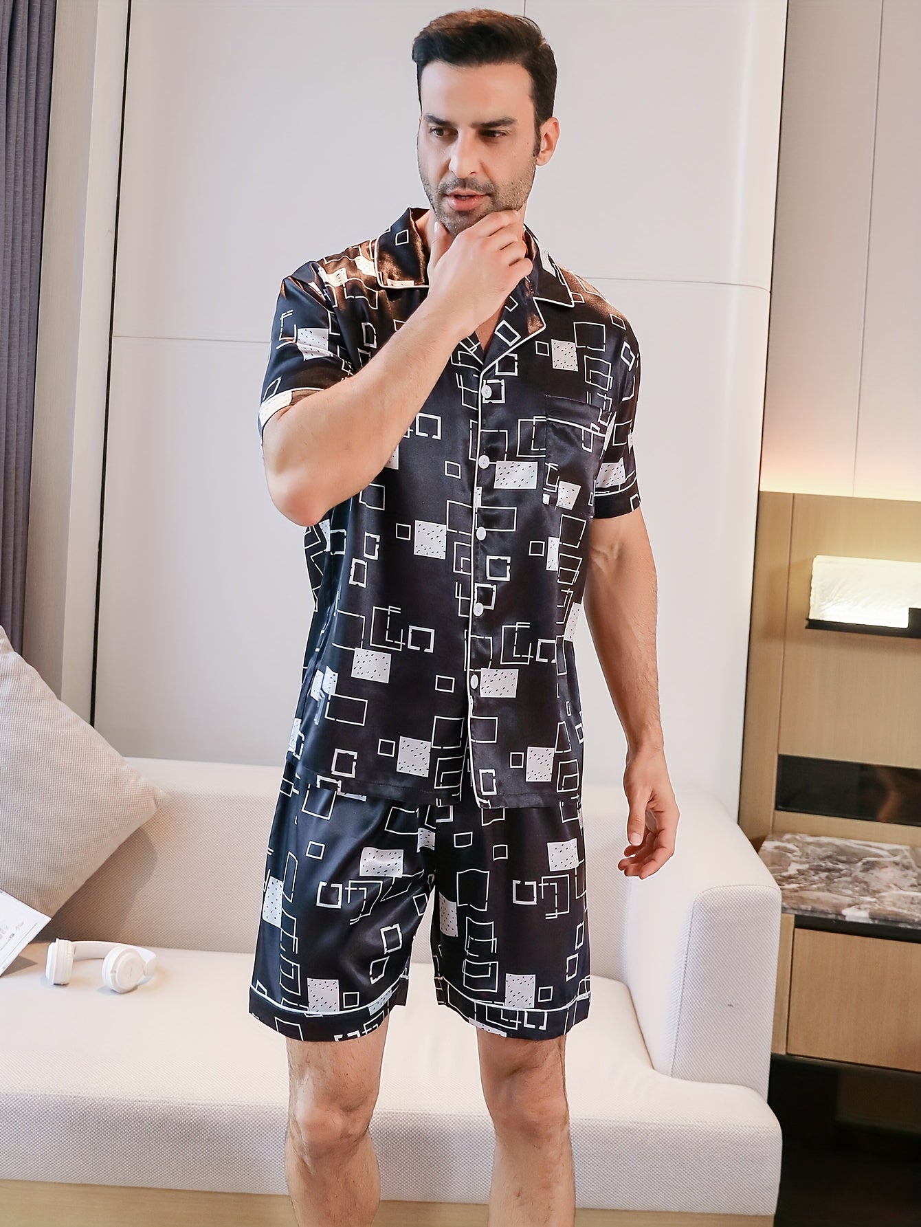 Men's summer sleepwear set with short sleeves, shorts, long pants, geometric print, and collared cardigan.