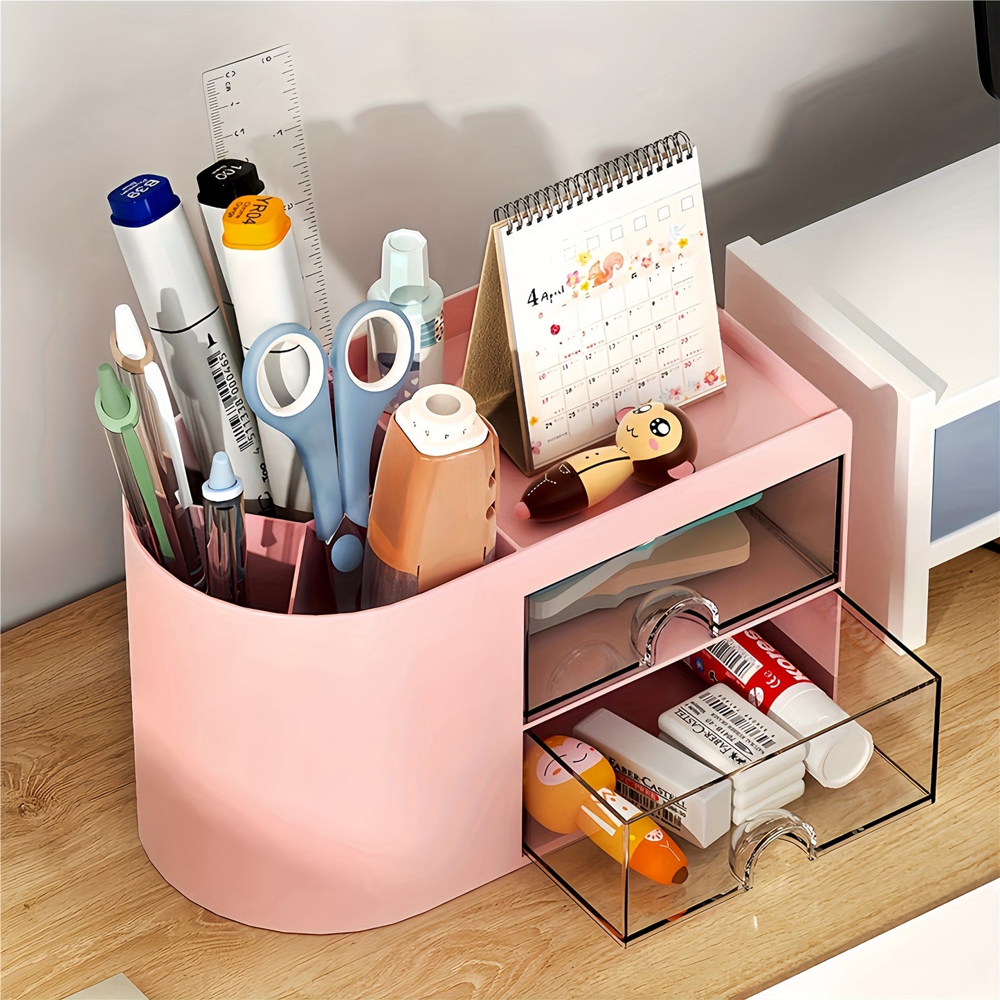 Desk organizer with dual drawers, pen holder, cosmetic and jewelry storage. White plastic design for office supplies, makeup, and gifts.