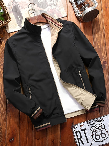 Men's casual jacket with stand collar, made of 100% polyester softshell fabric. Features a regular fit, zipper closure, and solid color design.