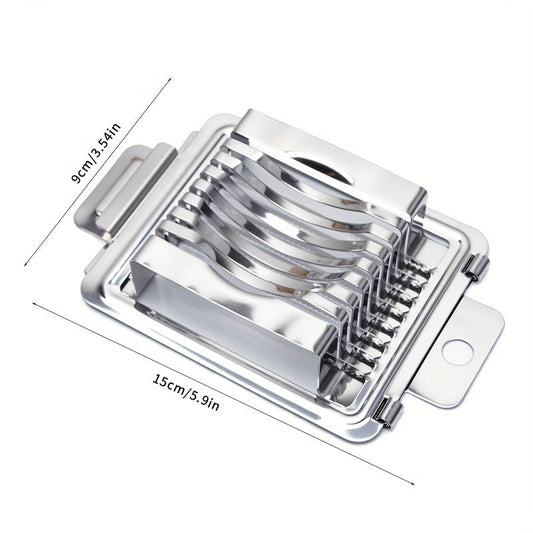 1 piece of egg slicer with stainless steel blades for slicing hard boiled eggs, fruits and other foods creatively in the kitchen. A versatile tool for cutting eggs and other ingredients in the household.