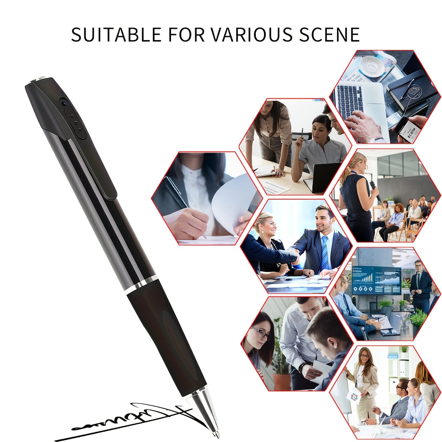 1pc 1080P HD Mini Nanny Camera Pen with 64GB rechargeable lithium battery, touch control, and one button loop recording. Suitable for indoor use in office meetings.