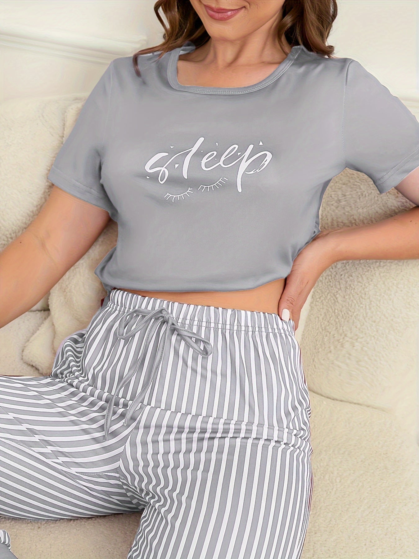 Women's loungewear set with short sleeve top and striped pants