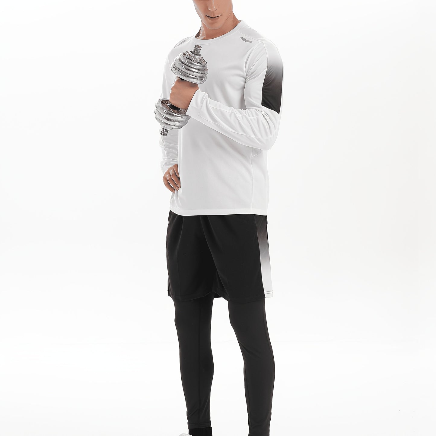 Men's 3-piece sports fitness suit: breathable and quick-drying top, tight trousers, and shorts for outdoor activities like hiking, jogging, and cycling.