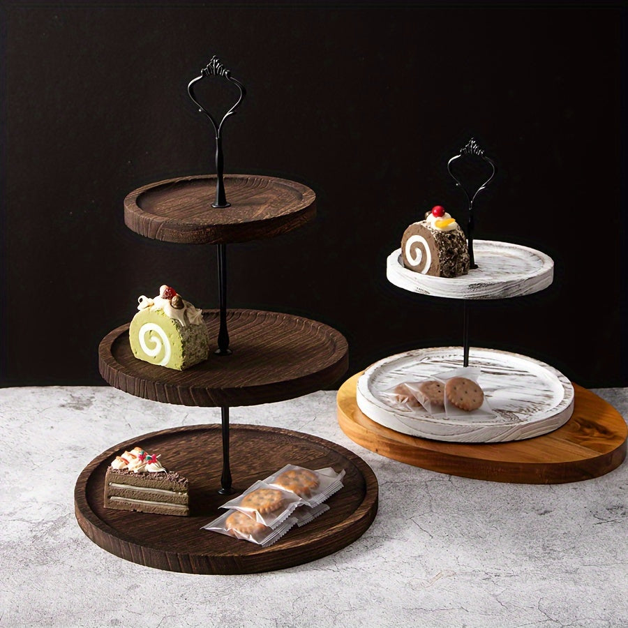 YumiPLUS Rustic Wooden Cake Stand with Iron Accents for Events and Cake Decorating.