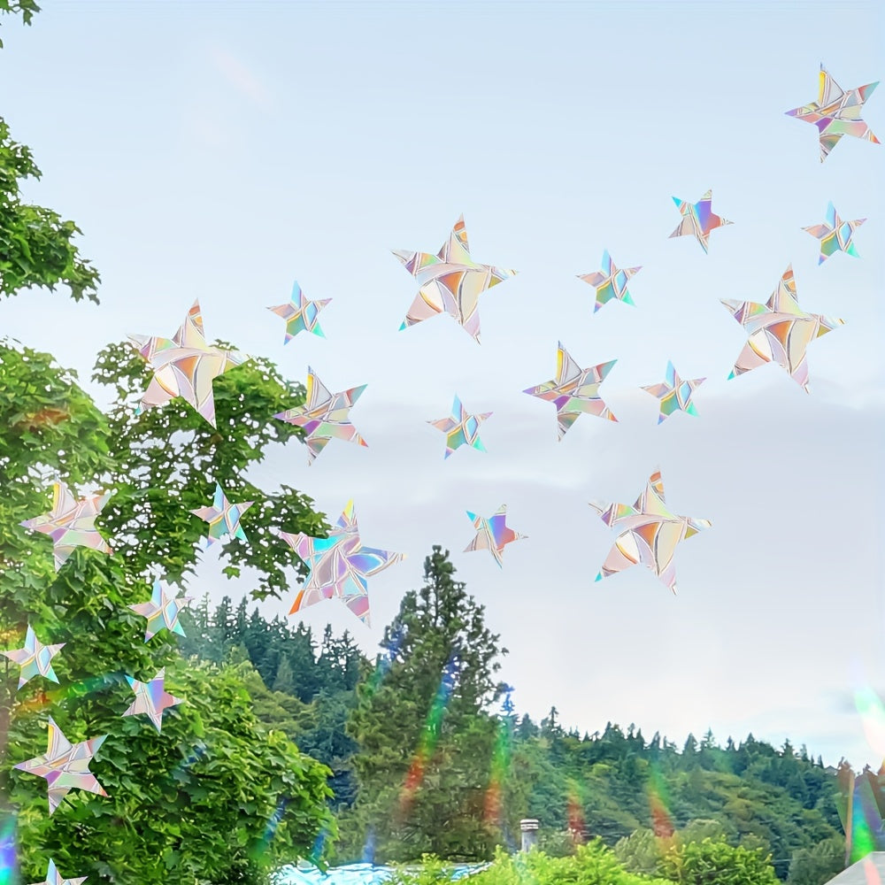 Add a touch of color to your windows with our set of 13 Rainbow Star & Circle Window Clings. These reusable, non-adhesive prism decals are perfect for glass doors and windows, providing a bird-safe anti-collision film. Elevate your contemporary home