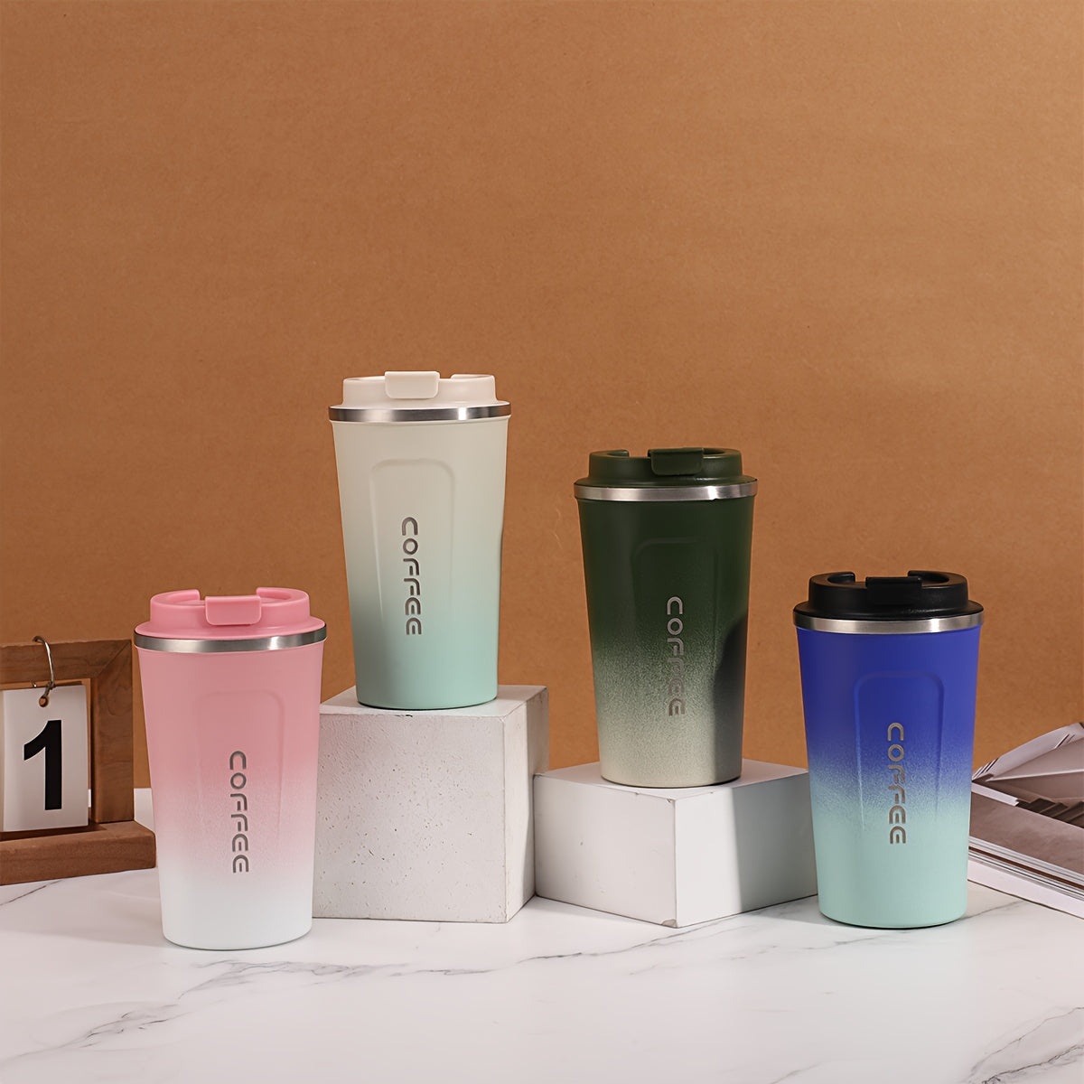 Gradient color travel mug made of 304 stainless steel, holds 380ml/13.37oz, vacuum insulated, portable drinkware, great gift.