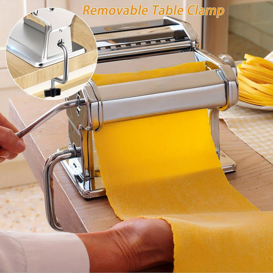 Manual Pasta Maker Machine with Hand Press, 8 Adjustable Thickness Settings, Washable Aluminum Alloy Roller and Cutter